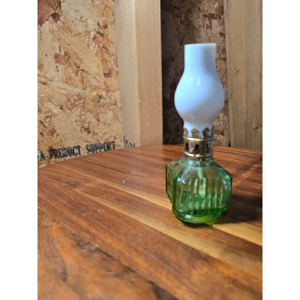 Vintage Miniature Green Glass Oil Lamp White Milk Glass Chimney Hong Kong 5 inch